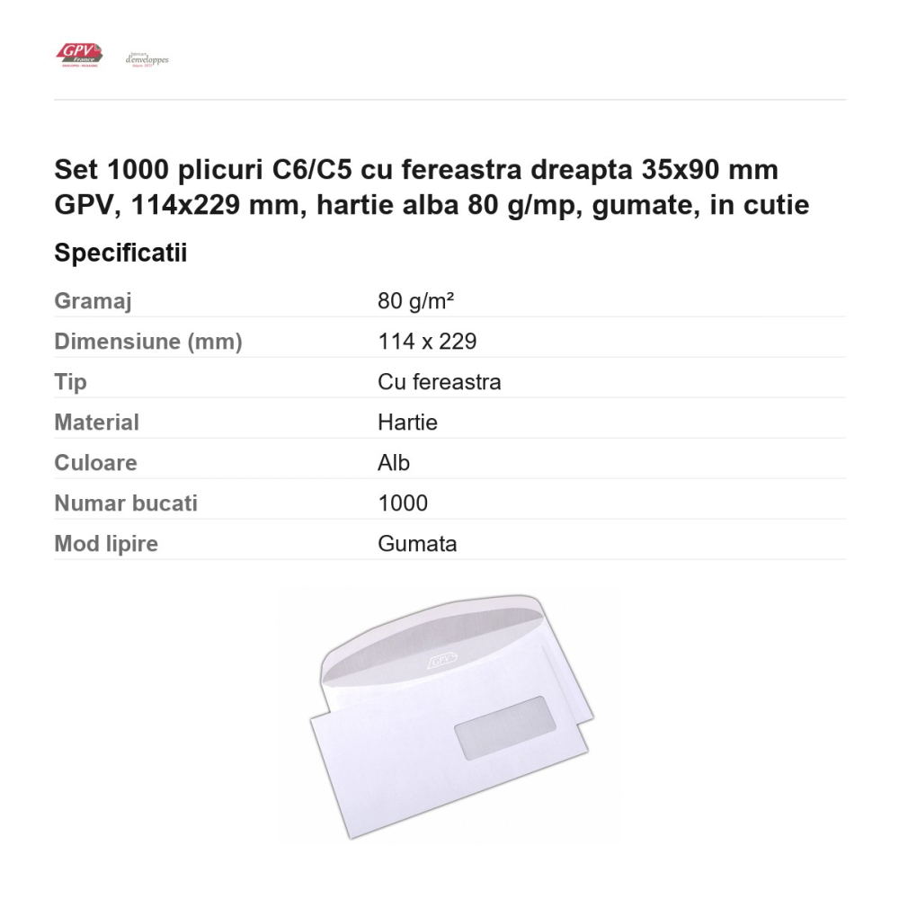 Set 1000 plicuri C6/C5 cu fereastra dreapta 35x90 mm GPV, 114x229 mm, hartie alba 80 g/mp, gumate, in cutie [3]