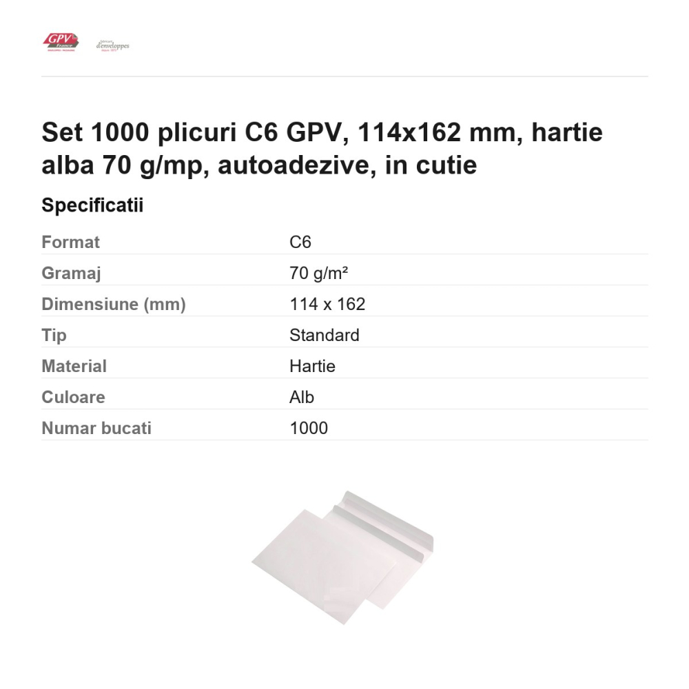 Set 1000 plicuri C6 GPV, 114x162 mm, hartie alba 70 g/mp, autoadezive, in cutie [3]