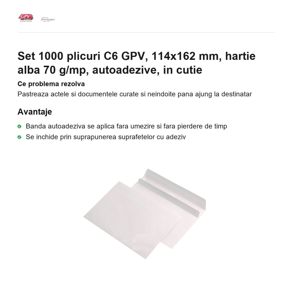 Set 1000 plicuri C6 GPV, 114x162 mm, hartie alba 70 g/mp, autoadezive, in cutie [2]
