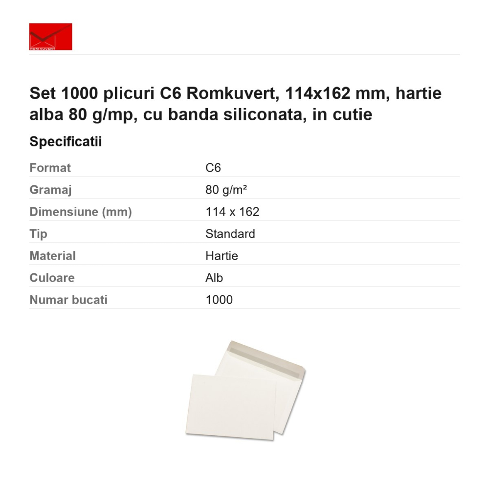 Set 1000 plicuri C6 Romkuvert, 114x162 mm, hartie alba 80 g/mp, cu banda siliconata, in cutie [3]