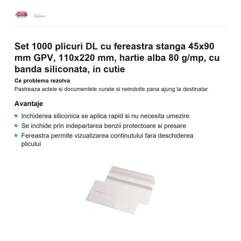 Set 1000 plicuri DL cu fereastra stanga 45x90 mm GPV, 110x220 mm, hartie alba 80 g/mp, cu banda siliconata, in cutie [2]