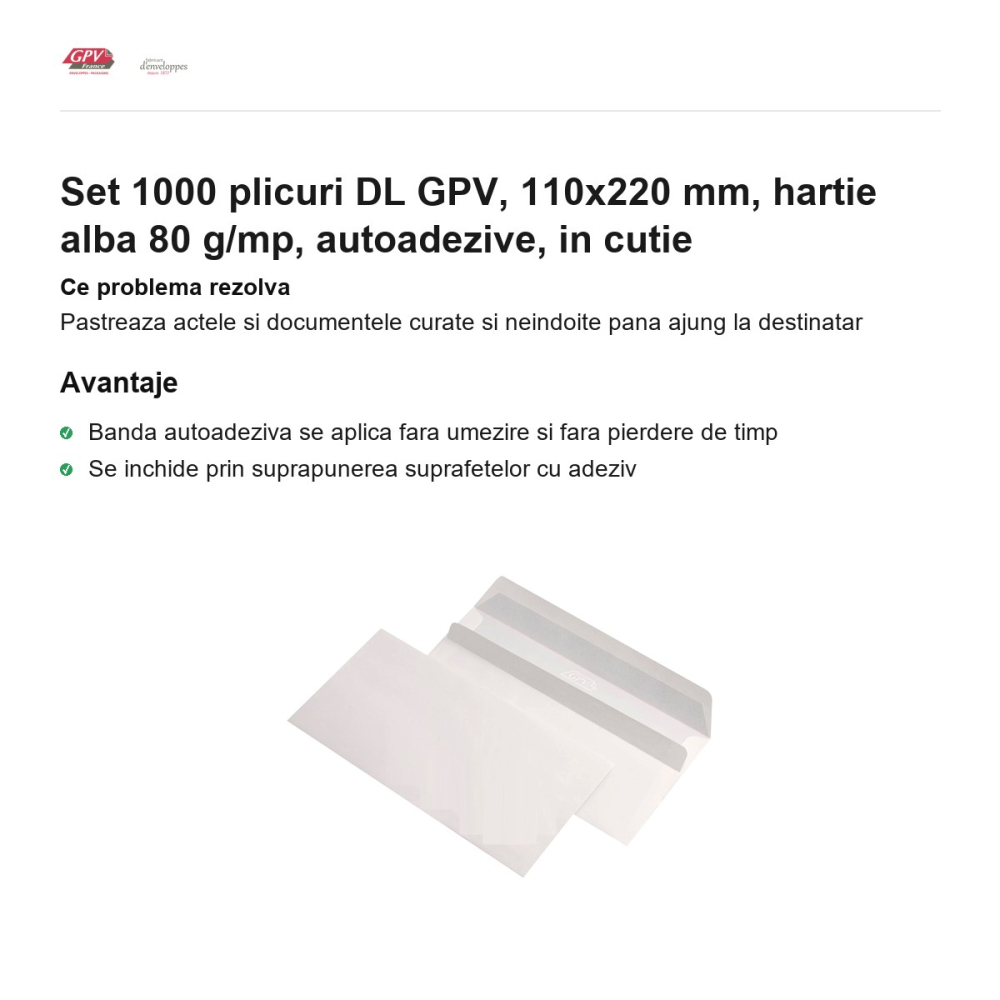 Set 1000 plicuri DL GPV, 110x220 mm, hartie alba 80 g/mp, autoadezive, in cutie [2]