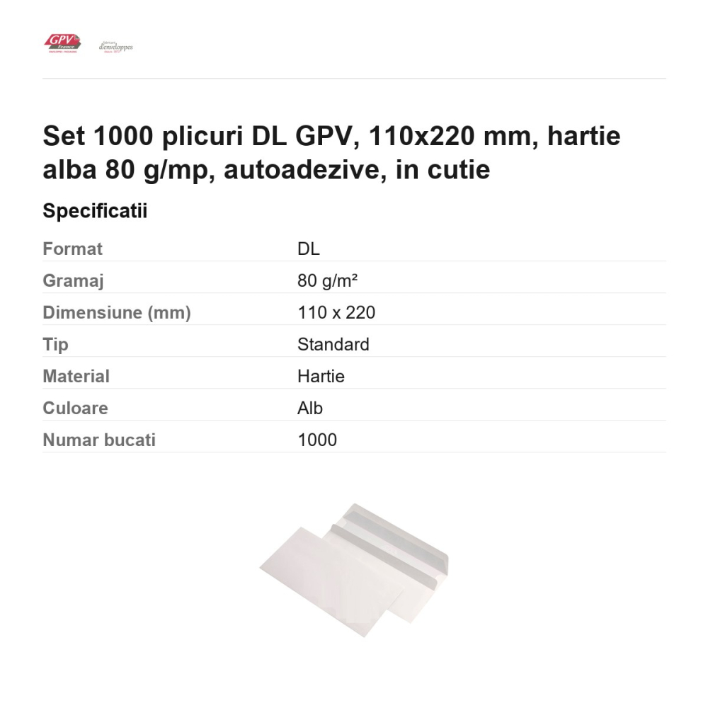 Set 1000 plicuri DL GPV, 110x220 mm, hartie alba 80 g/mp, autoadezive, in cutie [3]