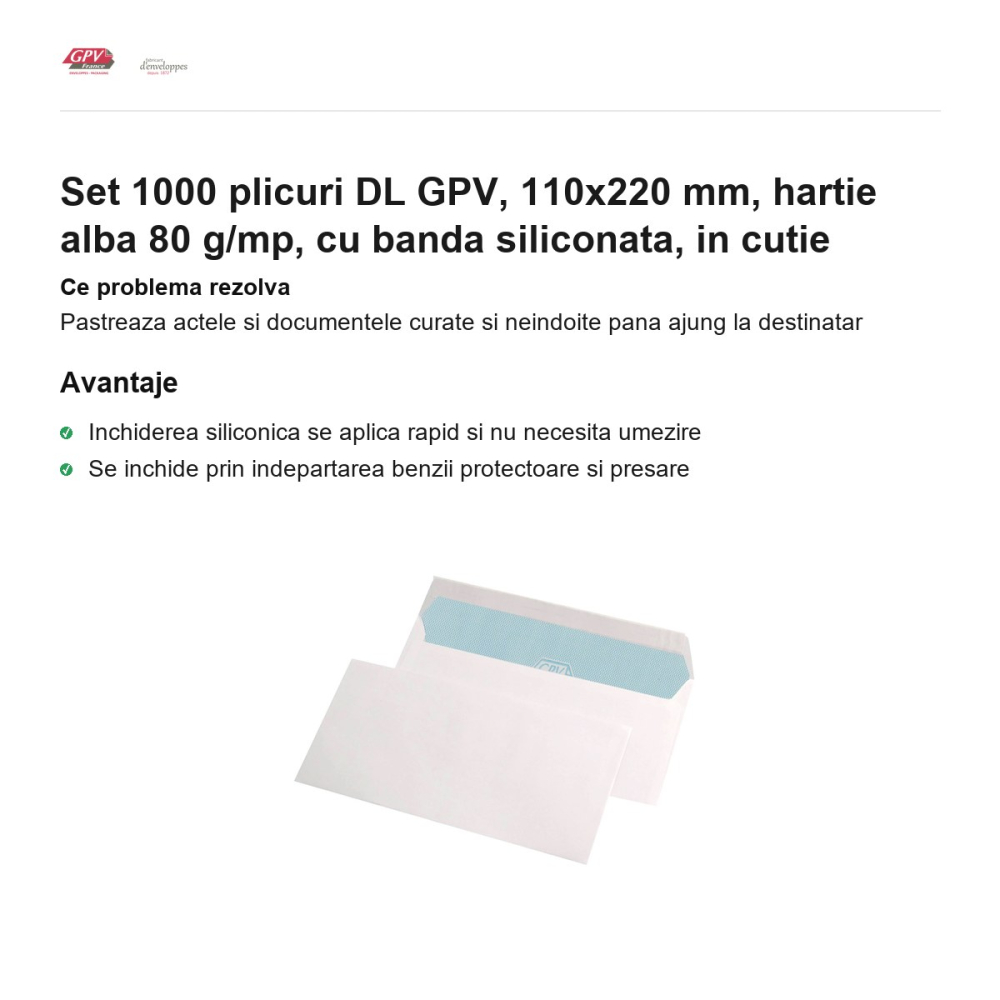 Set 1000 plicuri DL GPV, 110x220 mm, hartie alba 80 g/mp, cu banda siliconata, in cutie [2]