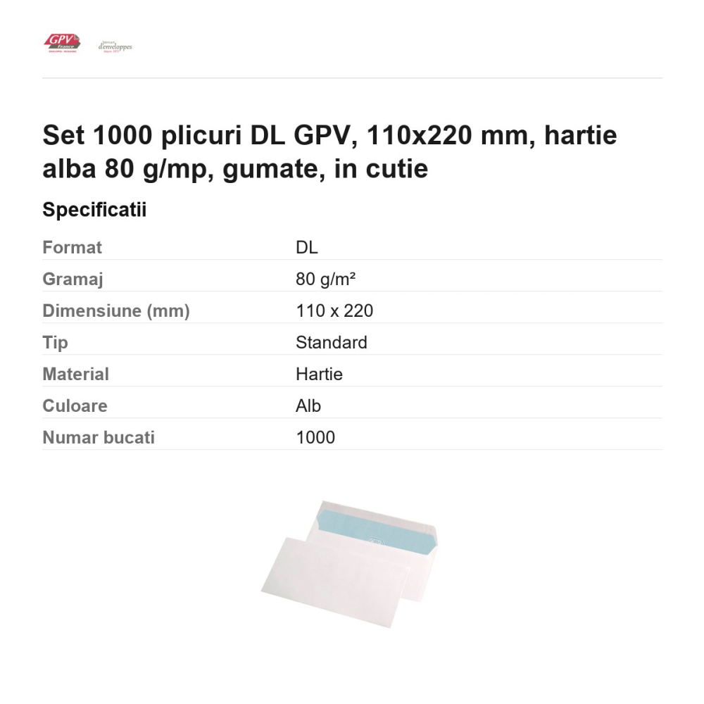 Set 1000 plicuri DL GPV, 110x220 mm, hartie alba 80 g/mp, gumate, in cutie [3]