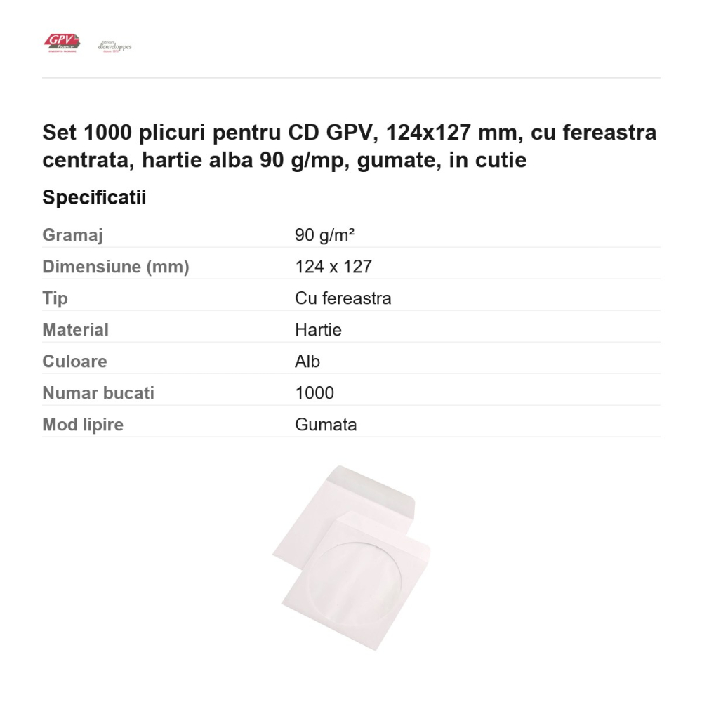 Set 1000 plicuri pentru CD GPV, 124x127 mm, cu fereastra centrata, hartie alba 90 g/mp, gumate, in cutie [3]