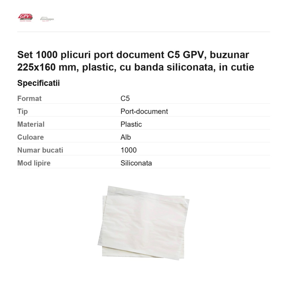 Set 1000 plicuri port document C5 GPV, buzunar 225x160 mm, plastic, cu banda siliconata, in cutie [3]