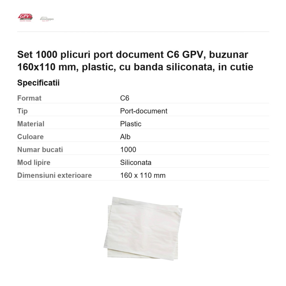 Set 1000 plicuri port document C6 GPV, buzunar 160x110 mm, plastic, cu banda siliconata, in cutie [3]