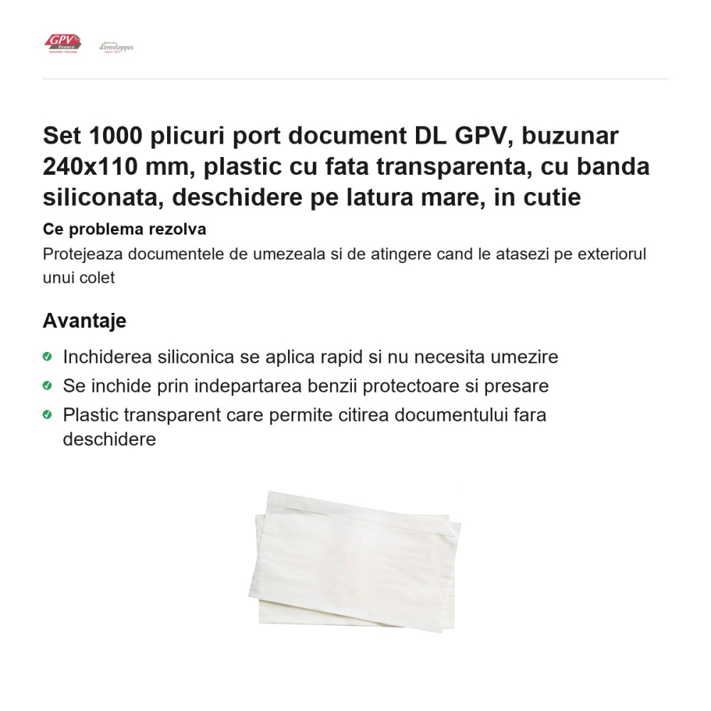 Set 1000 plicuri port document DL GPV, buzunar 240x110 mm, plastic cu fata transparenta, cu banda siliconata, deschidere pe latura mare, in cutie [2]