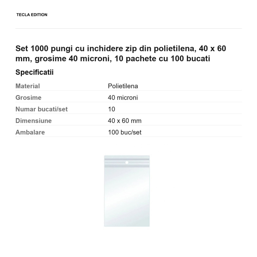 Set 1000 pungi cu inchidere zip din polietilena, 40 x 60 mm, grosime 40 microni, 10 pachete cu 100 bucati [3]