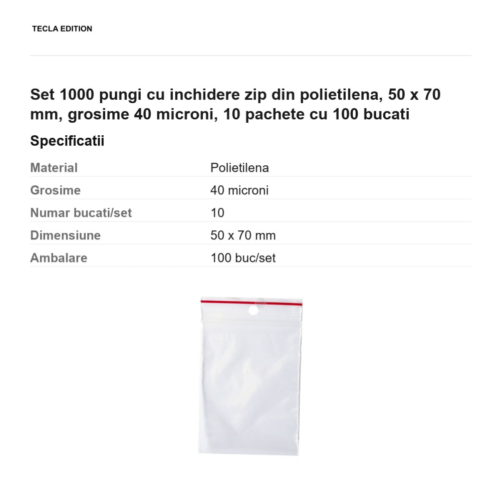 Set 1000 pungi cu inchidere zip din polietilena, 50 x 70 mm, grosime 40 microni, 10 pachete cu 100 bucati [3]