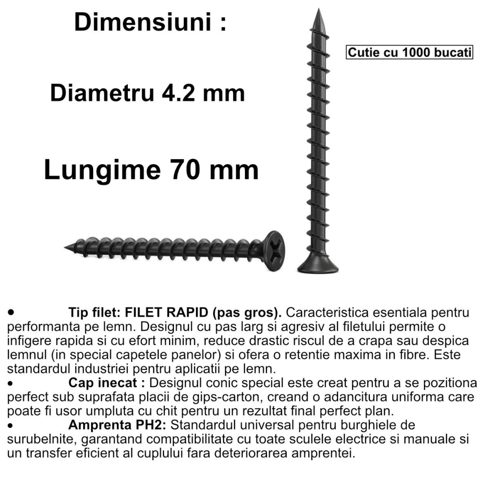 Set 1000 Suruburi autofiletante pentru gips-carton, 4.2x70 mm, filet rapid pentru lemn, cap inecat PH2, otel fosfatat [2]
