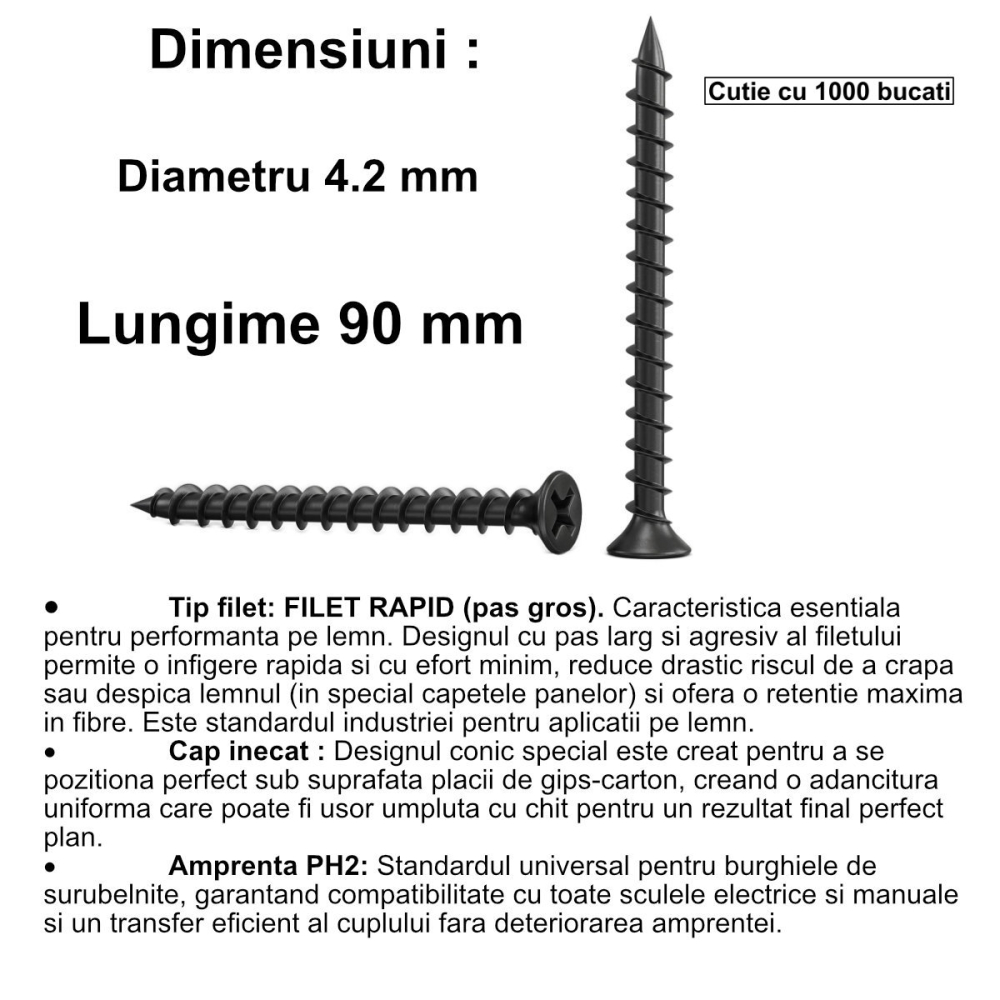 Set 1000 Suruburi autofiletante pentru gips-carton, 4.2x90 mm, filet rapid pentru lemn, cap inecat PH2, otel fosfatat [2]