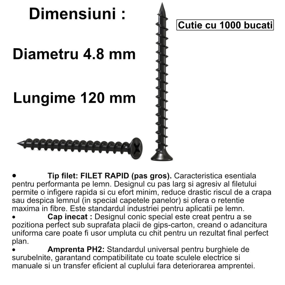 Set 1000 Suruburi autofiletante pentru gips-carton, 4.8x120 mm, filet rapid pentru lemn, cap inecat PH2, otel fosfatat [2]