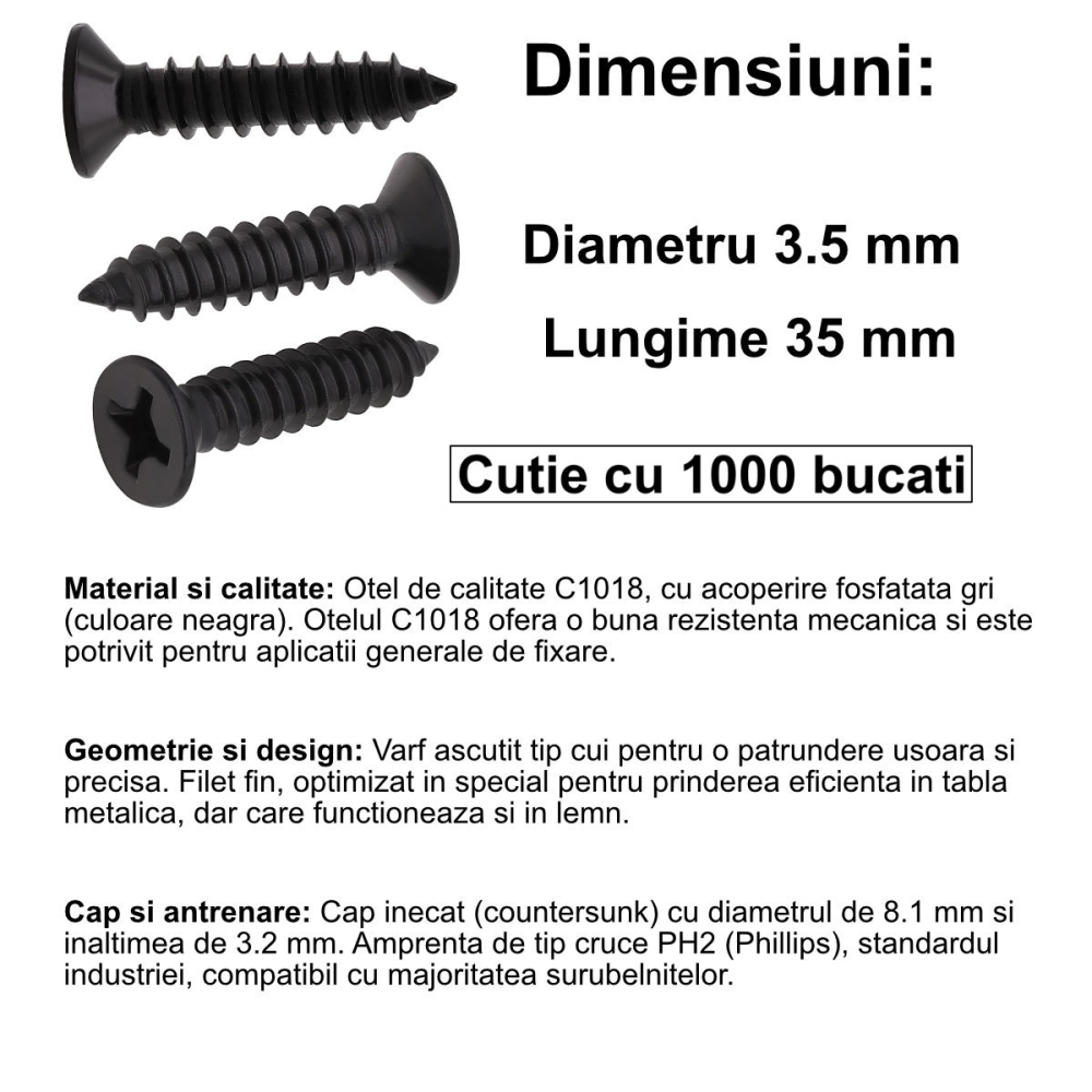 Set 1000 Suruburi Universale pentru Rigips, 3.5 x 35 mm, Autofiletante, pentru Profile Metalice si Structura Lemn, Cap Inecat, Otel Fosfatat [2]