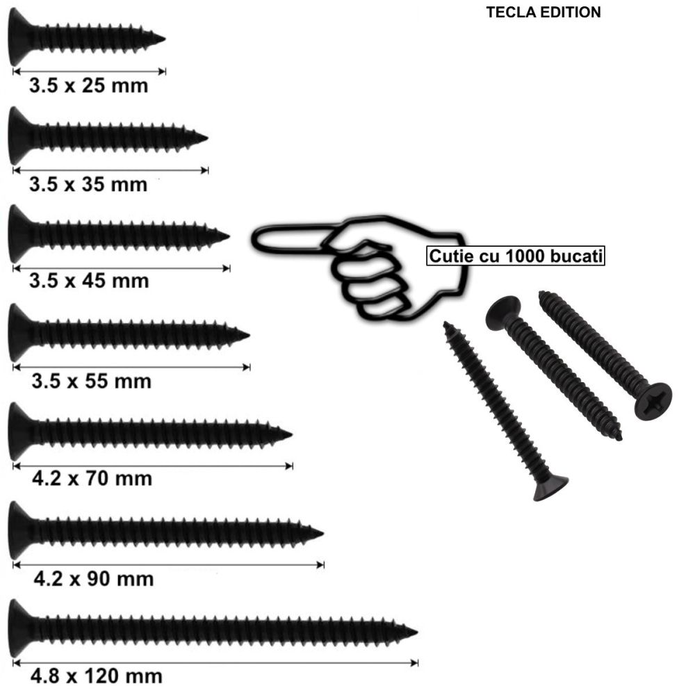 Set 1000 Suruburi Universale pentru Rigips, 3.5 x 45 mm, Autofiletante, pentru Profile Metalice si Structura Lemn, Cap Inecat, Otel Fosfatat [3]
