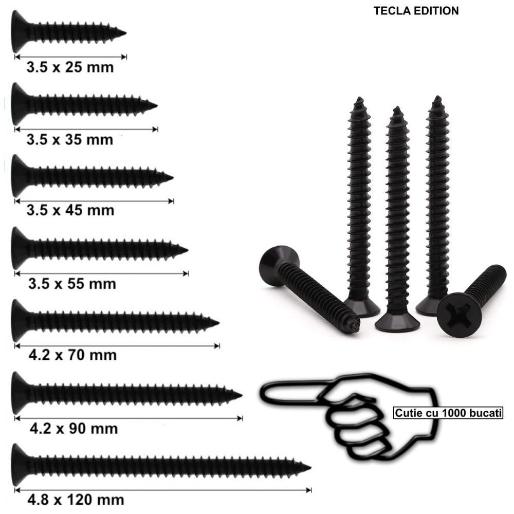 Set 1000 Suruburi Universale pentru Rigips, Dimensiuni Extra, 4.2x90 mm, Autofiletante, pentru Aplicatii Extreme, Cap Inecat, Otel Fosfatat [3]