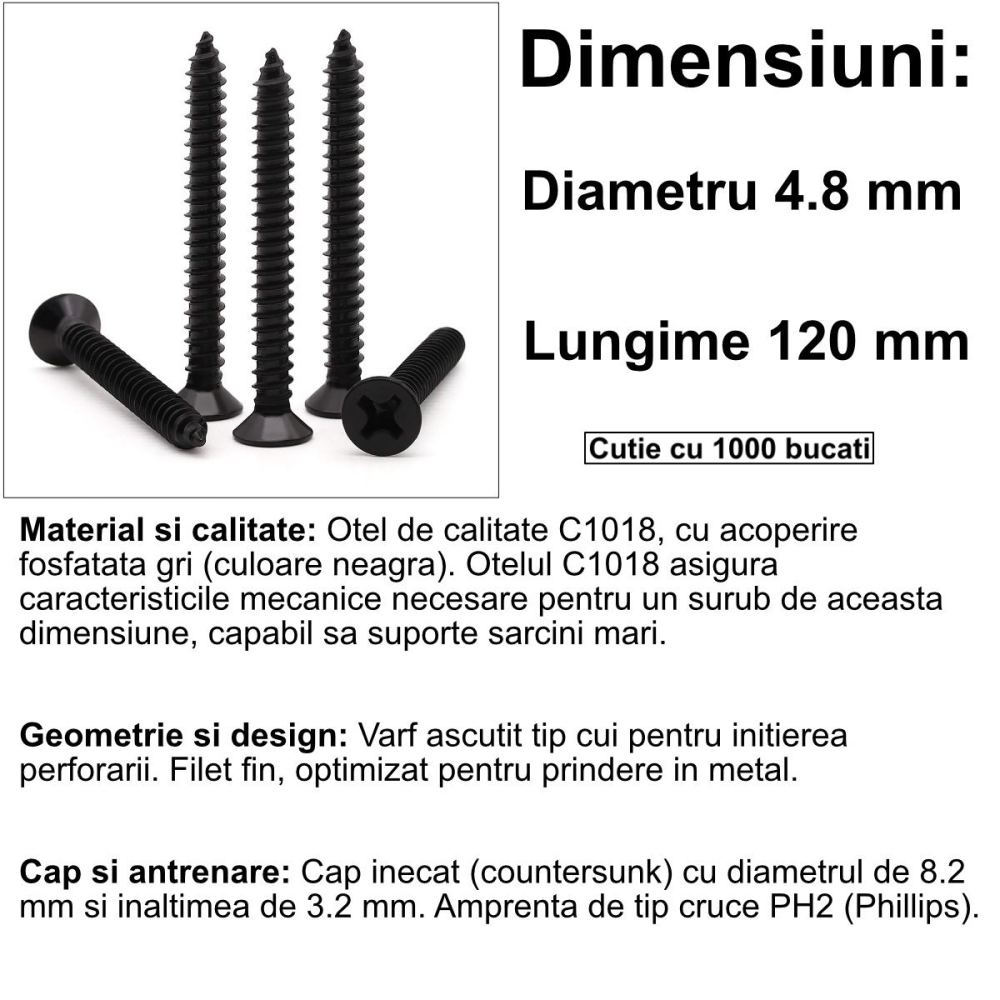 Set 1000 Suruburi Universale pentru Rigips, Dimensiuni Extreme 4.8x120 mm, Autofiletante, pentru Aplicatii Structurale Speciale, Cap Inecat, Otel Fosfatat [2]
