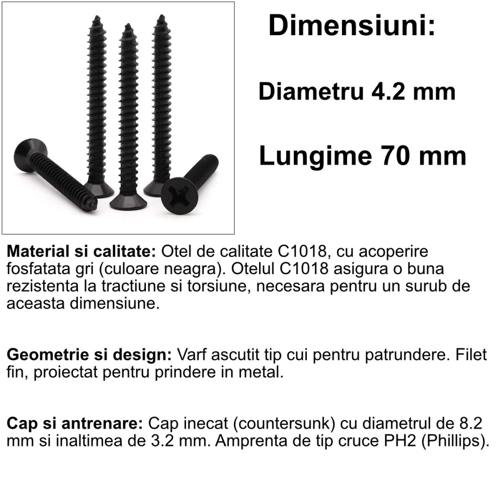 Set 1000 Suruburi Universale pentru Rigips, Dimensiuni Mari, 4.2x70 mm, Autofiletante, pentru Aplicatii Speciale, Cap Inecat, Otel Fosfatat [2]