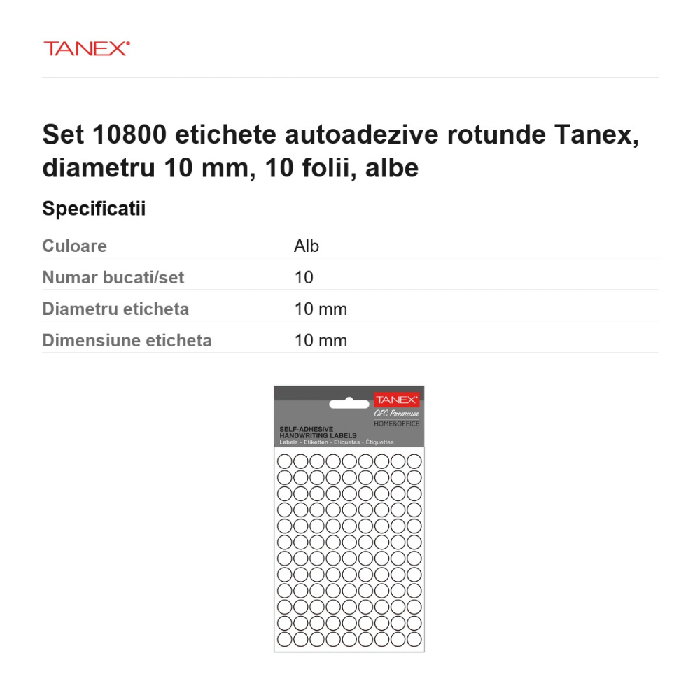 Set 10800 etichete autoadezive rotunde Tanex, diametru 10 mm, 10 seturi, albe [3]