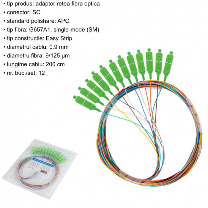 Set 12 adaptoare retea fibra optica coada/Pigtail cu conector SC/APC, Lanberg 43342, 2m lungime, Easy Strip SM G657A1, multicolor [4]
