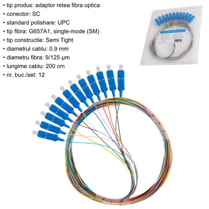 Set 12 adaptoare retea fibra optica coada/Pigtail cu conector SC/UPC, Lanberg 43346, 2m lungime, Semi Tight SM G657A1, multicolor [4]