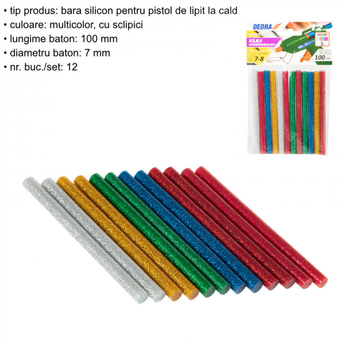 Set 12 baghete din silicon multicolor cu sclipici, 7 mm diametru x 100 mm lungime, Dedra 75790, rezerve pentru pistol lipit [4]