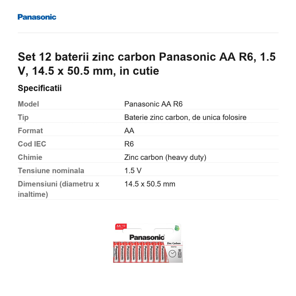 Set 12 baterii zinc carbon Panasonic AA R6, 1.5 V, 14.5 x 50.5 mm, in cutie [3]