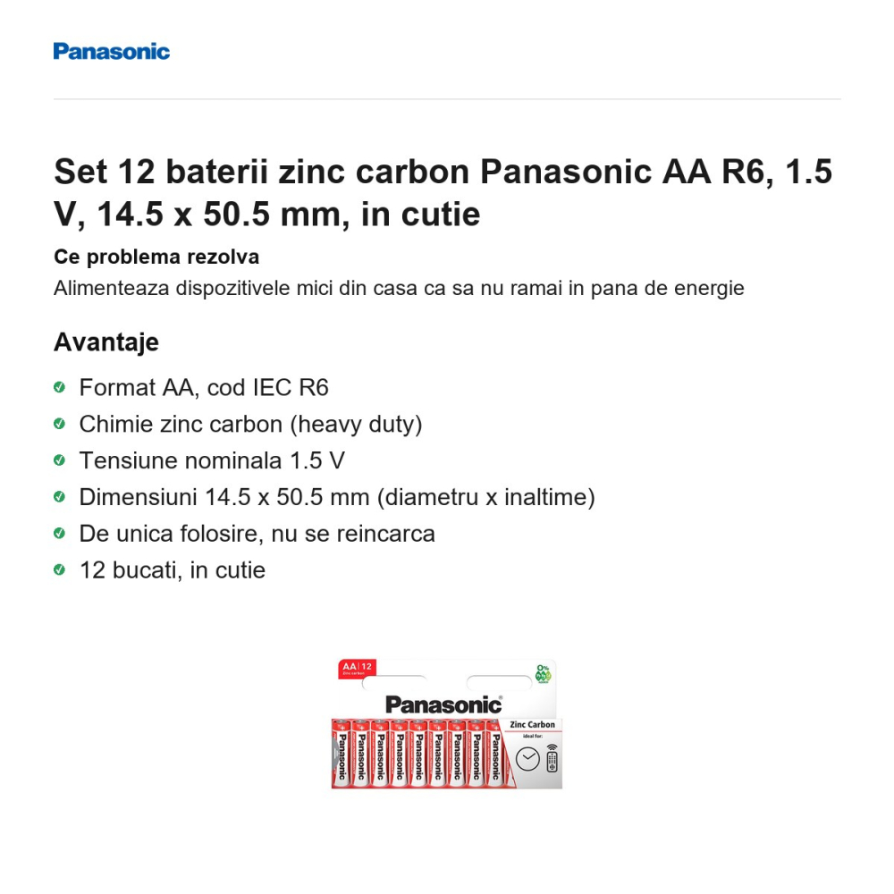 Set 12 baterii zinc carbon Panasonic AA R6, 1.5 V, 14.5 x 50.5 mm, in cutie [2]