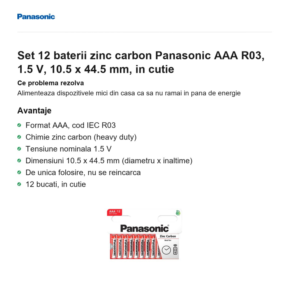 Set 12 baterii zinc carbon Panasonic AAA R03, 1.5 V, 10.5 x 44.5 mm, in cutie [2]