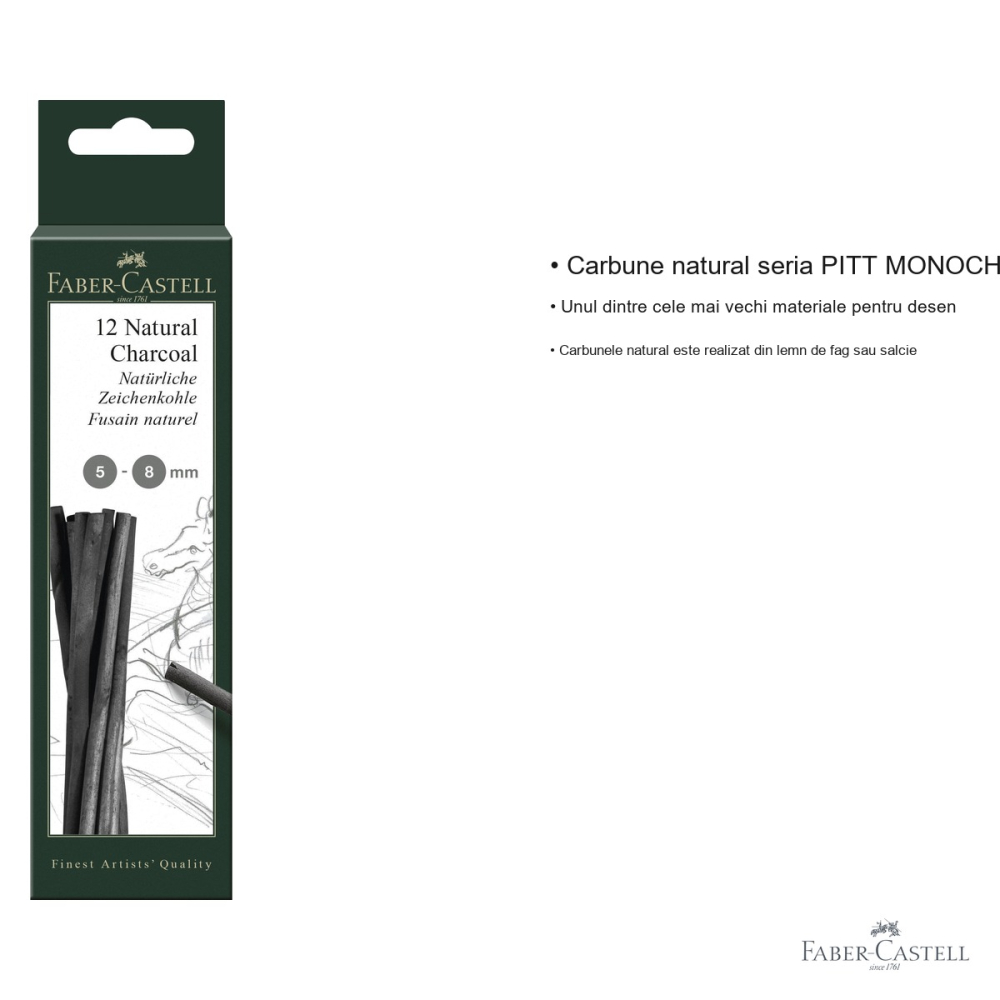Set 12 batoane carbune natural Faber-Castell Pitt Monochrome, diametru 5-8mm, pentru desen artistic [3]