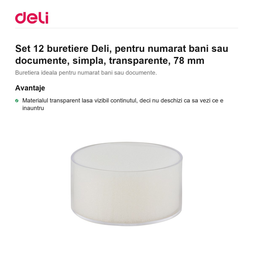 Set 12 buretiere Deli, pentru numarat bani sau documente, simpla, transparente, 78 mm [2]