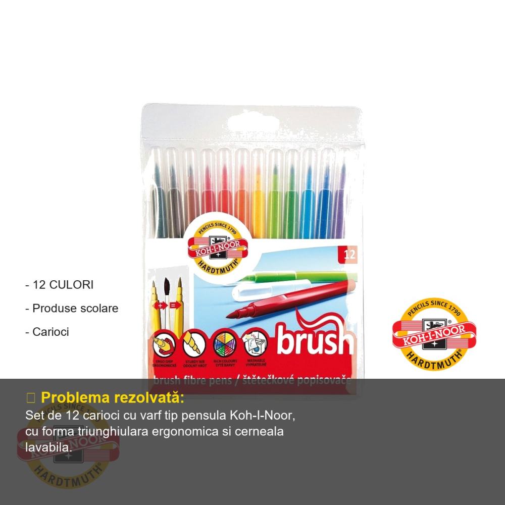 Set 12 carioci cu varf pensula Koh-I-Noor, forma triunghiulara ergonomica, pentru uz scolar [2]