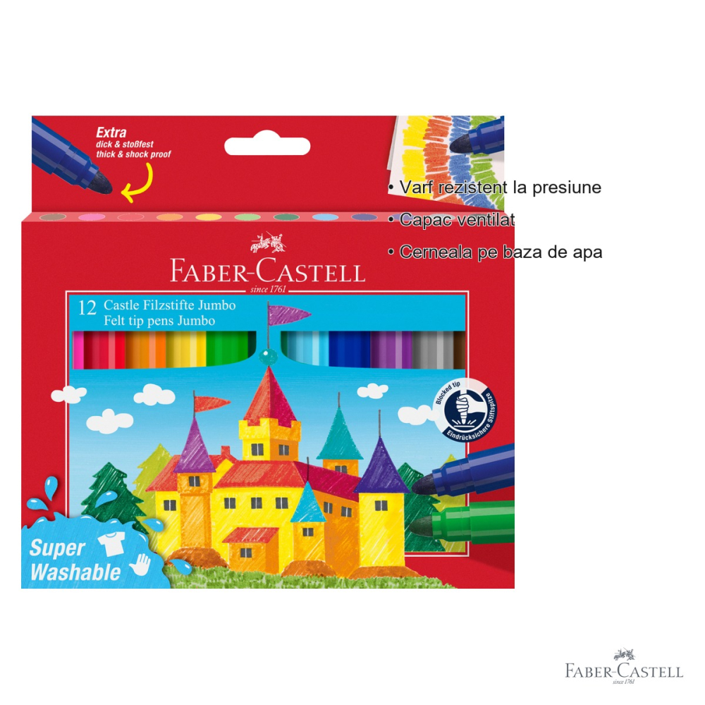Set 12 carioci Jumbo Faber-Castell Superwashable, corp gros, cerneala lavabila, pentru copii [3]