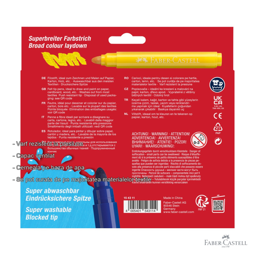 Set 12 carioci Jumbo Faber-Castell Superwashable, corp gros, cerneala lavabila, pentru copii [2]
