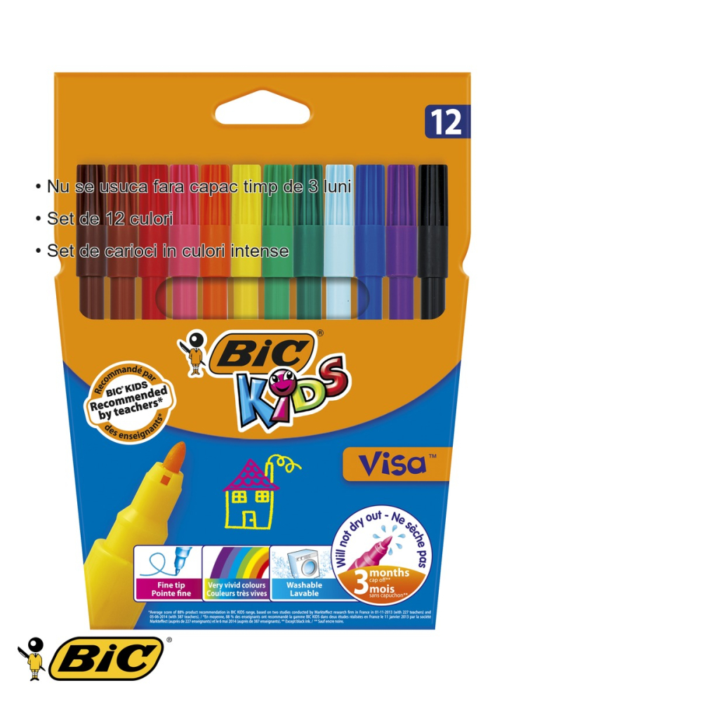 Set 12 carioci lavabile Bic Visa, varf subtire, culori intense, pentru copii [3]