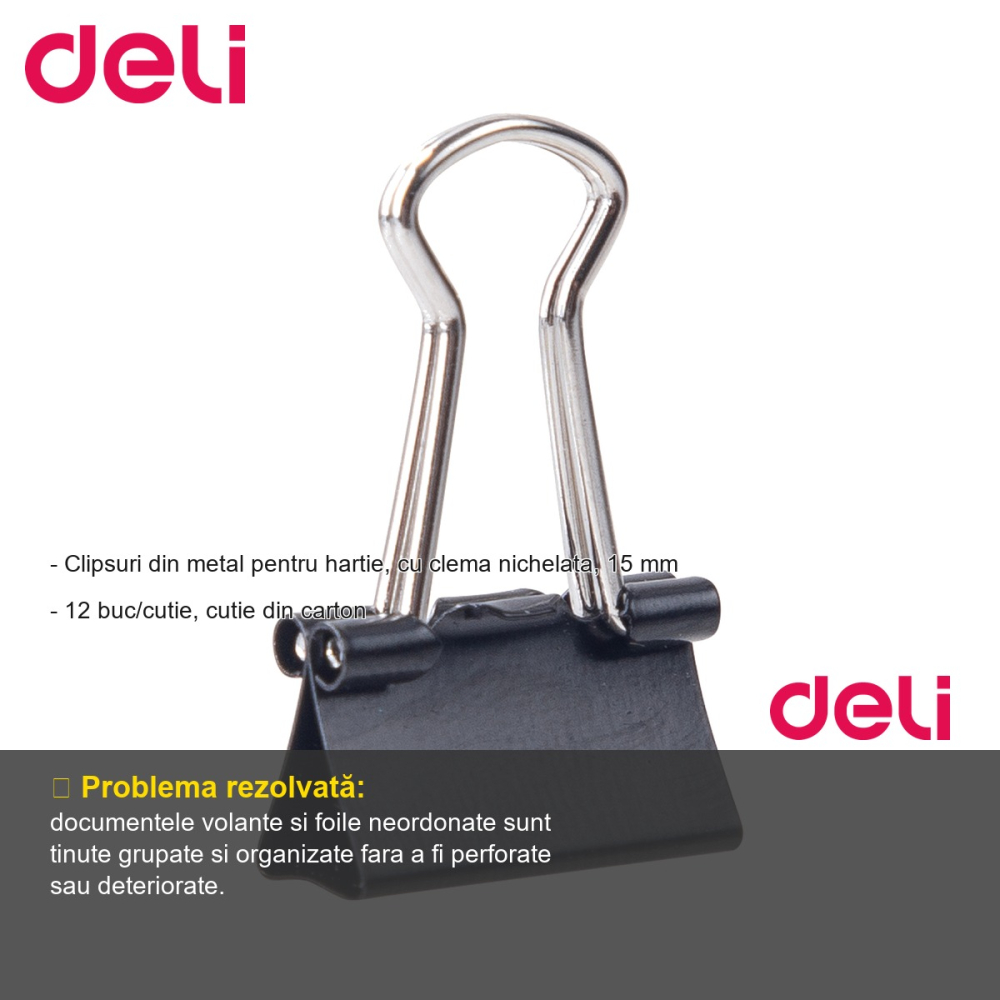 Set 12 clipsuri hartie Deli, 15 mm, clema nichelata, pentru organizare documente la birou [2]