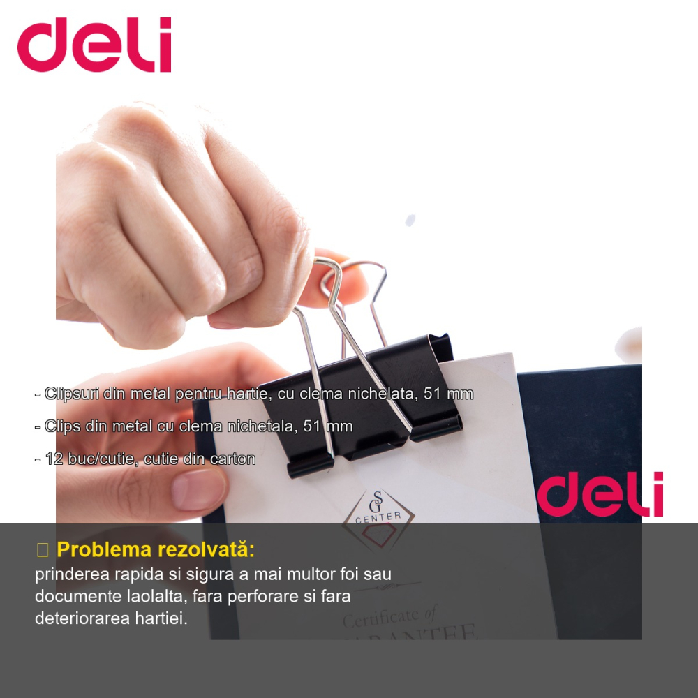 Set 12 clipsuri hartie Deli, 51 mm, clema nichelata, pentru organizare documente la birou [2]