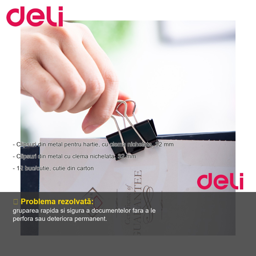 Set 12 clipsuri pentru hartie Deli, clema nichelata 32 mm, pentru organizare documente la birou [2]