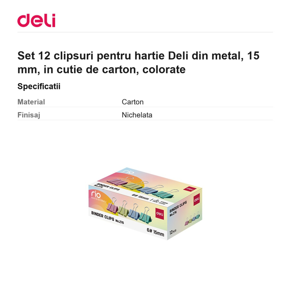 Set 12 clipsuri pentru hartie Deli din metal, 15 mm, in cutie de carton, colorate [3]