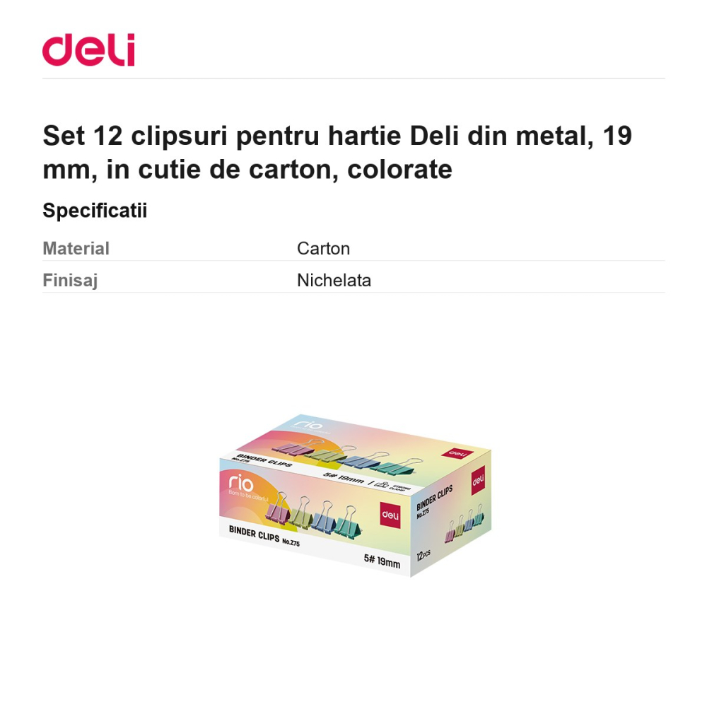 Set 12 clipsuri pentru hartie Deli din metal, 19 mm, in cutie de carton, colorate [3]