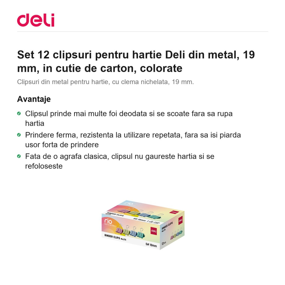 Set 12 clipsuri pentru hartie Deli din metal, 19 mm, in cutie de carton, colorate [2]