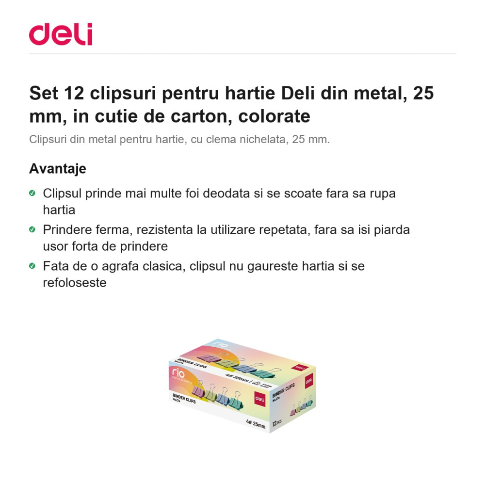 Set 12 clipsuri pentru hartie Deli din metal, 25 mm, in cutie de carton, colorate [2]