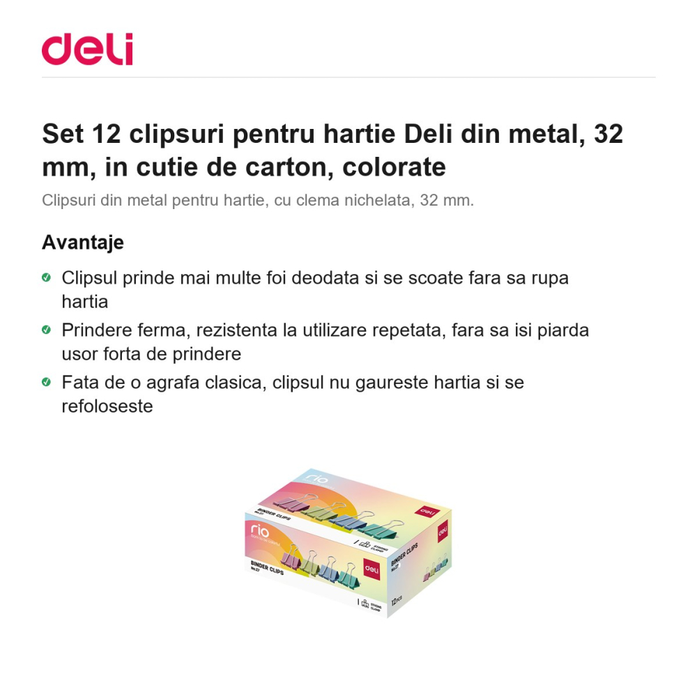 Set 12 clipsuri pentru hartie Deli din metal, 32 mm, in cutie de carton, colorate [2]