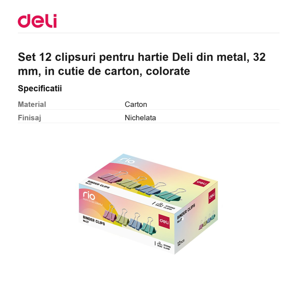 Set 12 clipsuri pentru hartie Deli din metal, 32 mm, in cutie de carton, colorate [3]