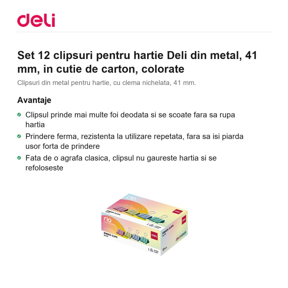Set 12 clipsuri pentru hartie Deli din metal, 41 mm, in cutie de carton, colorate [2]