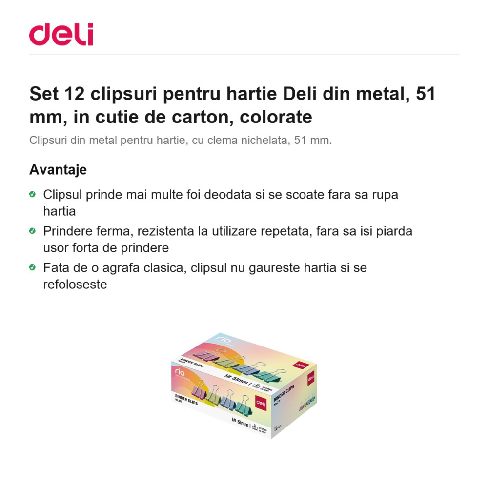Set 12 clipsuri pentru hartie Deli din metal, 51 mm, in cutie de carton, colorate [2]