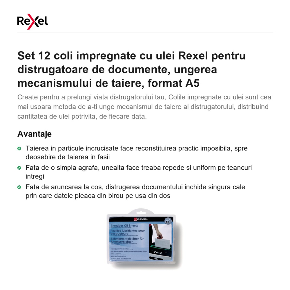 Set 12 coli impregnate cu ulei Rexel pentru distrugatoare de documente, ungerea mecanismului de taiere, format A5 [2]