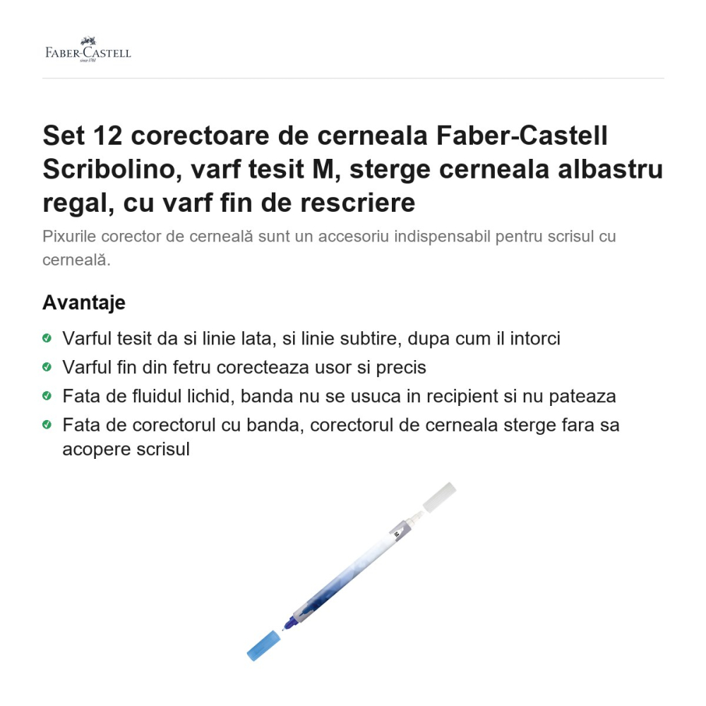 Set 12 corectoare de cerneala Faber-Castell Scribolino, varf tesit M, sterge cerneala albastru regal, cu varf fin de rescriere [2]
