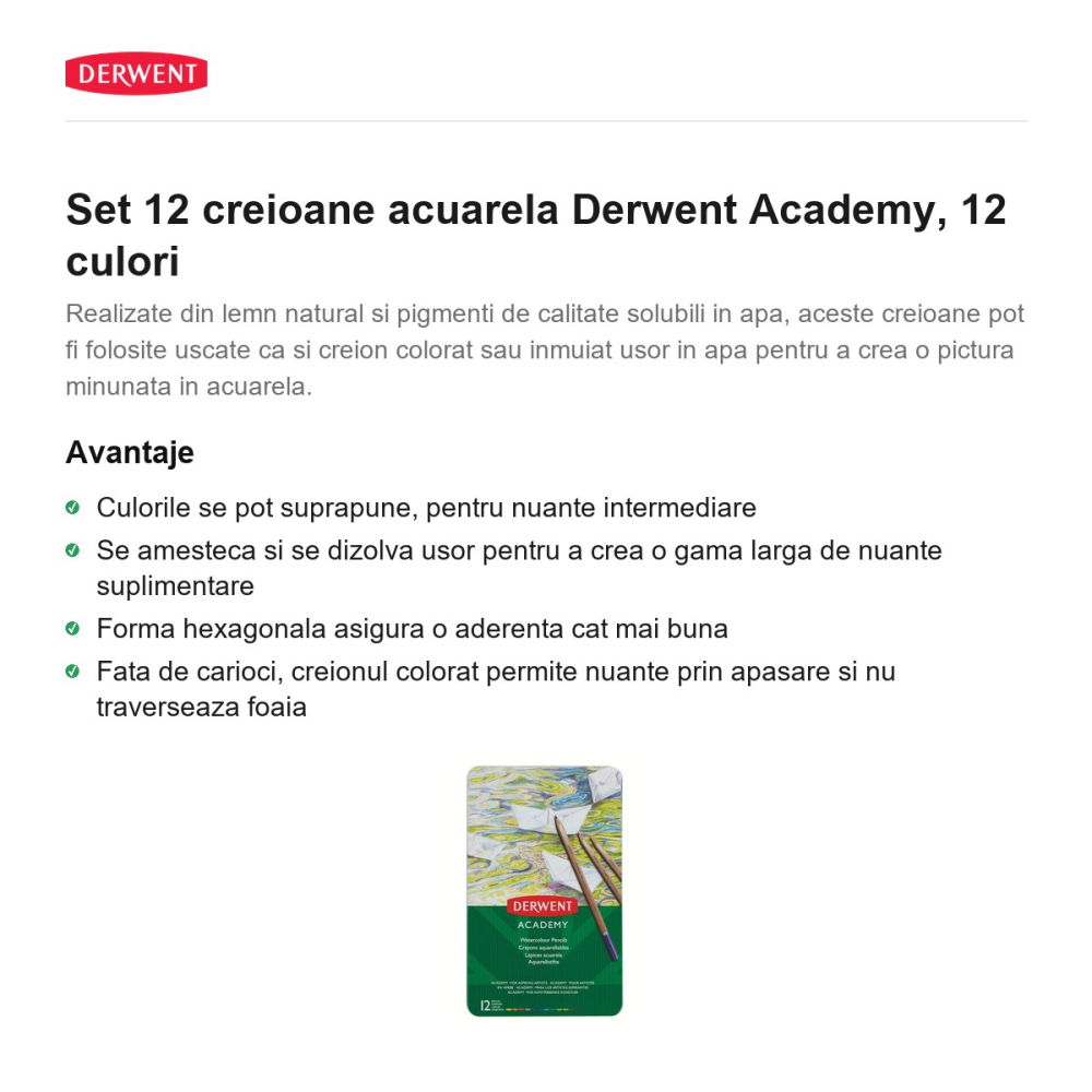 Set 12 creioane acuarela Derwent Academy, 12 culori [2]